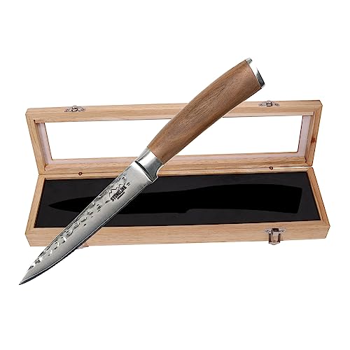 STONELINE Hammerschlag Damastmesser Allzweck-Messer extrem scharfe 12 cm Klinge aus 67 Lagen, Damast Profi Küchenmesser mit Hammerschlag & Nussbaumgriff STONELINE Hammerschlag Damastmesser Allzweck-Messer extrem scharfe 12 cm Klinge aus 67 Lagen, Damast Profi Küchenmesser mit Hammerschlag & Nussbaumgriff von STONELINE