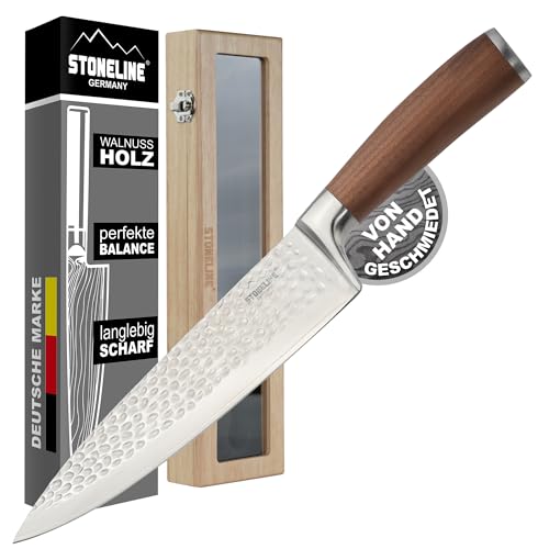 STONELINE Hammerschlag Damastmesser Kochmesser extrem scharfe 20 cm Klinge aus 67 Lagen, Damast Profi Kochmesser mit Hammerschlag & Nussbaumgriff von STONELINE