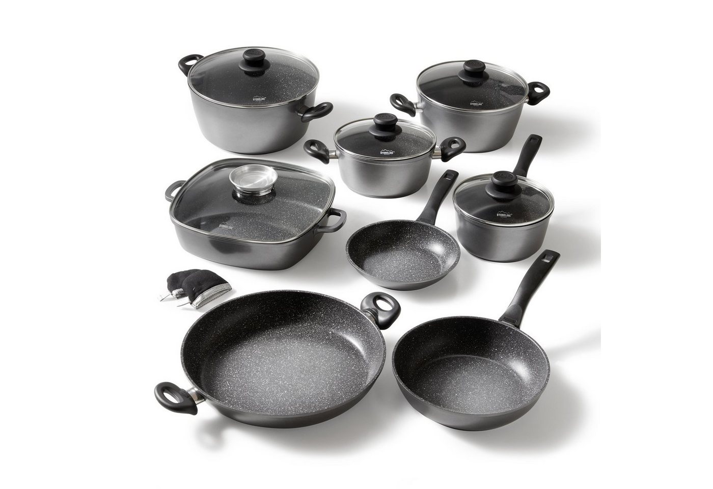 STONELINE Kochbesteck-Set (Kochgeschirr-Set, 13-tlg., Kochgeschirr-Set, 3x Kochtopf, 1x Stielkasserolle, 2x Pfanne), mit echten Steinpartikeln, induktionsgeeignet, Designed in Germany von STONELINE