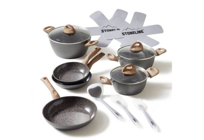 STONELINE Topf-Set Kochgeschirr-Set, 14-teilig, mit Griff in Holzoptik und Glasdeckeln, Aluminium, Keramik (14-tlg), mit echten Steinpartikeln, induktionsgeeignet, Designed in Germany von STONELINE