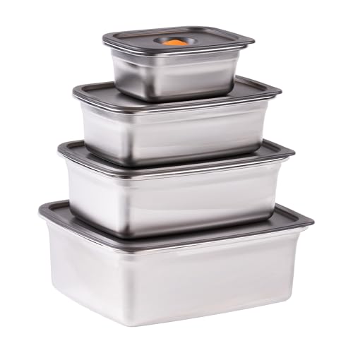STONELINE Vakuum Behälter Set Frischhaltedosen Edelstahl mit Deckel 300/700/1.200/2.300 ml für Mikrowelle Backofen Gefrieren, Auslaufsicher BPA frei, Lebensmittelbehälter Lebensmittel Aufbewahrungsbox von STONELINE