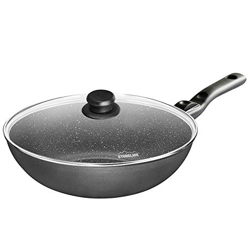 STONELINE Wok 30 cm, Made in Germany, Aluguss, Wok Pfanne beschichtet mit echten Steinpartikeln, grau, ohne Fett oder Öl kochen und braten, großer Wok Induktion von STONELINE