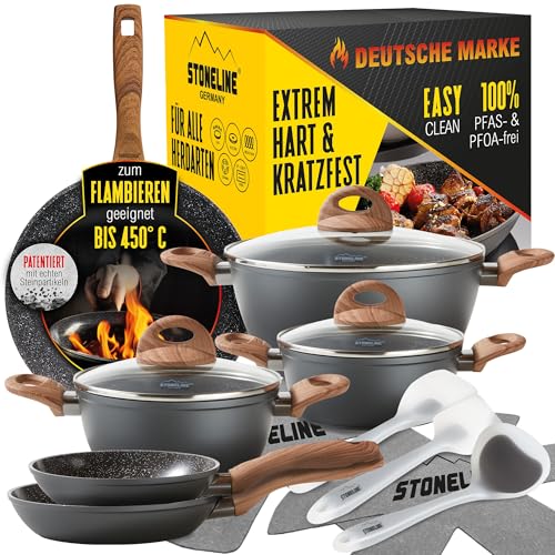 STONELINE Ceramic Keramikpfanne Töpfe Set 14 teilig 18/20/24cm Töpfe Pfannen PFAS-frei Topfset Pfannenset Induktion Kochgeschirr Set mit Deckel Keramikbeschichtung mit echten Steinpartikeln, Holzoptik von STONELINE
