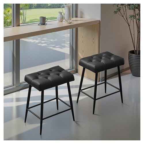 STOOLINK Barhocker 2er Set Barstuhl mit Mikrofaser-Leder, Retro Barhocker mit Fußstütze, Tresenhocker 62.5 cm hoch, Küchenhocker Ohne Lehne für Küche, Esszimmer, Bistro-Schwarz von STOOLINK