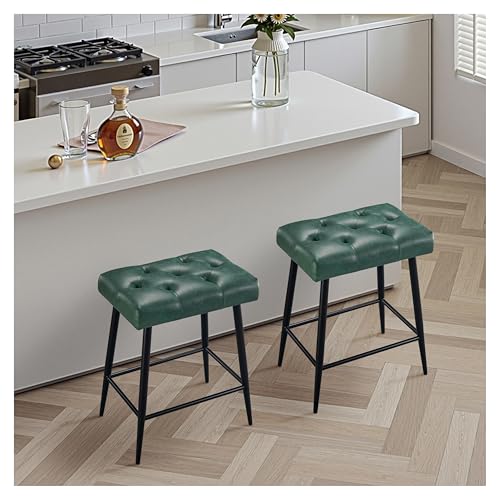 STOOLINK Barstuhl 2er Set, Barhocker mit Fußstütze, Tresenhocker mit Mikrofaser-Leder, Retro Barhocker 62.5 cm hoch, Küchenhocker Ohne Lehne für Küche, Bistro, Esszimmer-Grün von STOOLINK