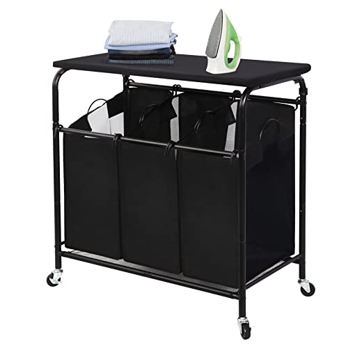 STORAGE MANIAC Wäschesortierer mit 3 Abschnitten, faltbarem Bügelbrett, Schwerlastrollender Wäschesortierwagen mit und abnehmbaren Taschen, Dreifach Wäschesammler mit Rollen, Mattschwarz STORAGE MANIAC Wäschesortierer mit 3 Abschnitten, faltbarem Bügelbrett, Schwerlastrollender Wäschesortierwagen mit und abnehmbaren Taschen, Dreifach Wäschesammler mit Rollen, Mattschwarz von STORAGE MANIAC