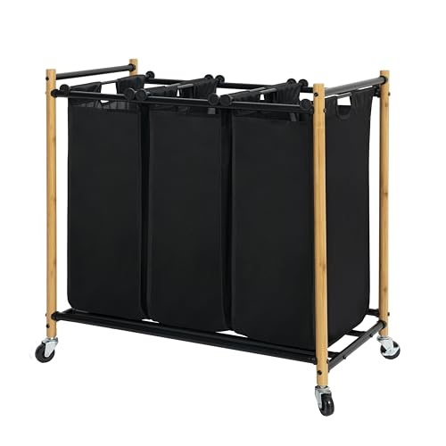 STORAGEIDEAS Wäschesortierer Korb mit Rollen, Bambus Wäschekorb Sortierer Schwerlast Rollwagen mit feststellbaren Rädern und abnehmbaren Taschen, Wäschesammler 3 Abschnitte, Bambus STORAGEIDEAS Wäschesortierer Korb mit Rollen, Bambus Wäschekorb Sortierer Schwerlast Rollwagen mit feststellbaren Rädern und abnehmbaren Taschen, Wäschesammler 3 Abschnitte, Bambus von STORAGEIDEAS