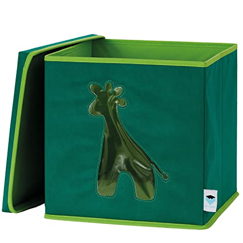 LOVE IT STORE IT Aufbewahrungsbox mit Deckel - Spielzeugbox aus Stoff - Verstärkt mit Karton -Mit Sichtfenster - Dunkelgrün mit Giraffe - 30x30x30 cm von LOVE !T STORE !T