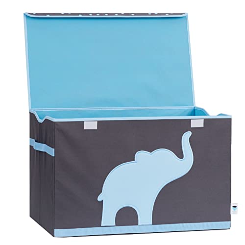 LOVE IT STORE IT Aufbewahrungsbox mit Deckel - Große Spielzeugkiste aus Stoff - Verstärkt mit Holz - Abwaschbar - Grau mit blauem Elefant - 62x38x39 cm von LOVE !T STORE !T