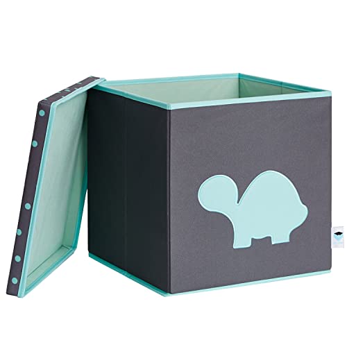 LOVE IT STORE IT Spielzeugbox mit Deckel - Kiste für Regal aus Stoff - Verstärkt mit Holz -Quadratisch und stabil - Grau mit grüner Schildkröte - 33x33x33 cm von LOVE !T STORE !T