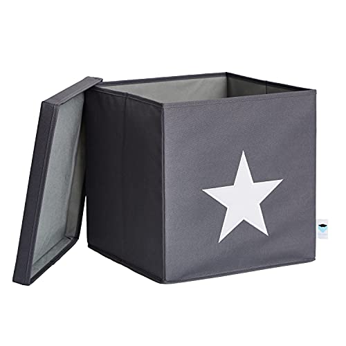 LOVE IT STORE IT Aufbewahrungsbox mit Deckel - Regalbox aus Stoff - Verstärkt mit Holz, belastbar bis 30 kg - Abwaschbar - Grau mit weißem Stern - 33x33x33 cm von LOVE !T STORE !T