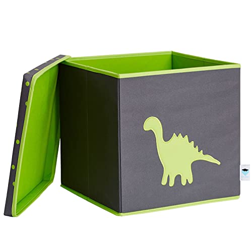 LOVE IT STORE IT Aufbewahrungsbox mit Deckel - Kiste für Regal aus Stoff - Verstärkt mit Holz -Quadratisch und stabil - Grau mit grünem Dino - 33x33x33 cm von LOVE !T STORE !T