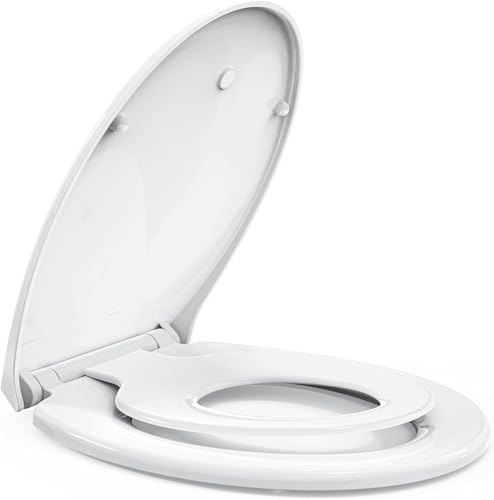 STOREMIC Toilettendeckel mit Absenkautomatik,Klodeckel mit Magnetisch zu befestigenden Toilettensitz Kinder,Quick Release Funktion,WC Sitz mit verstellbaren Scharnieren,O Form Weiß, Kunststoffversion von STOREMIC