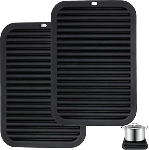 Abtropfmatte Geschirr Silikon, Silikon Untersetzer,Hitzebeständige Matte,Silikonmatte Hitzebeständig bis 230°C, Geeignet für Küche, Bad, Wohnzimmer,30 × 23 cm(2Stück,Schwarz) von STOUCLA
