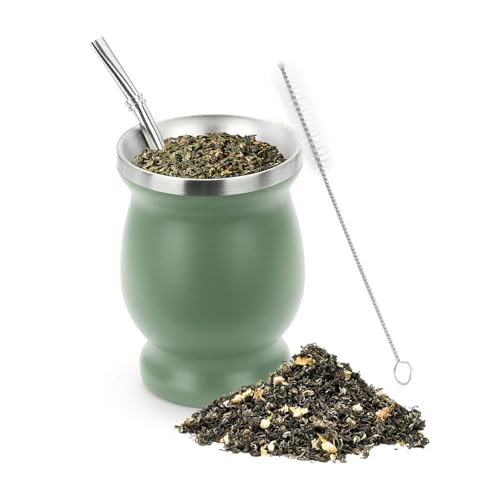 STOUCLA Mate Becher,Mate Tee Becher Set,Edelstahl Becher,mit Mate Strohhalm und eine Reinigungsbürste,für Mate Tee,Hält lange warm und ist leicht zu reinigen(Grün) von STOUCLA