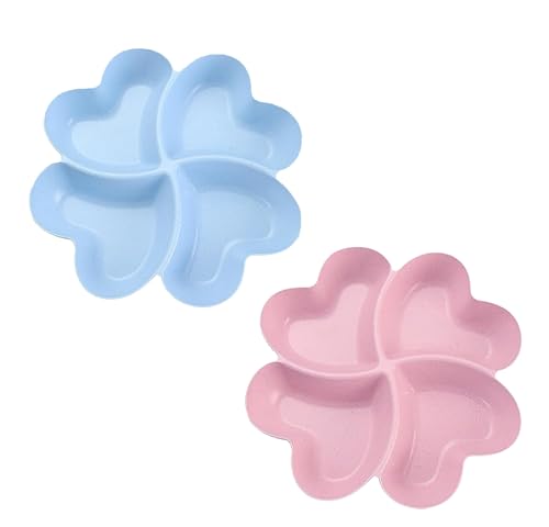 STOUCLA Snackteller mit 4 Fächern, Herzförmige Snackschale, snack schalen, Party Obstplatte Teller Obstteller Snack, für Süßigkeiten, Desserts, Obst, Nüsse, Rosa und Hellblau, 2 Stück von STOUCLA