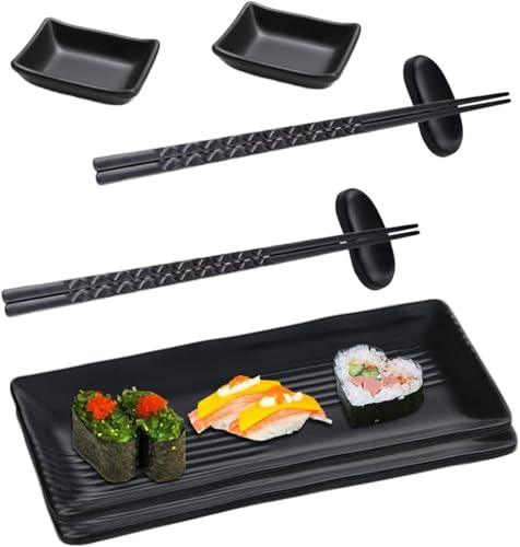 STOUCLA Sushi Platte mit Dipschalen, Japanese Sushi Teller, Geschirr-Set mit 2 Paar Essstäbchen + 2 Essstäbchenablagen + 2 Teller + 2 Dipteller, Schwarz von STOUCLA