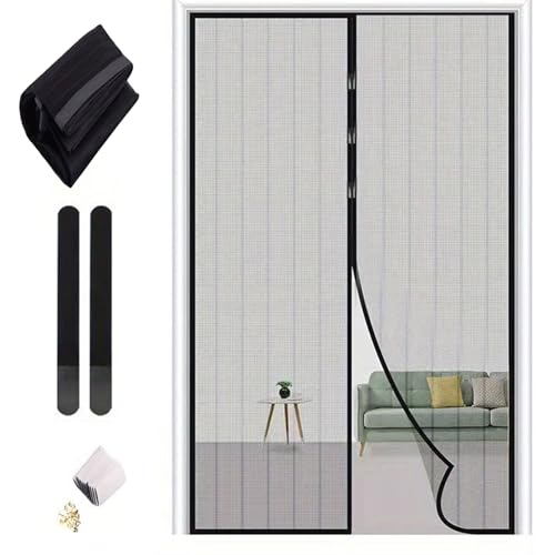 STQDEU Fliegengitter Tür Magnet,Hands-Free Mesh Partition,Heavy-Duty Curtain with Powerful Magnets and Full Frame Magic Tape,Magnet Fliegengitter Tür Schutz gegen Fliegen und Mücken (black, 90*210CM) von STQDEU