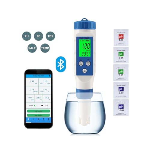 STRAFBRG 7-in-1/5-in-1 Bluetooth PH Meter Smart PH EC TDS ORP Salt SG Temp Wasser Qualität Test Aquarien Hydrokultur Salzgehalt Tester,Verbesserte Präzision(5 in 1 PH Meter) von STRAFBRG