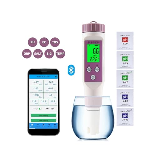 STRAFBRG 7-in-1/5-in-1 Bluetooth PH Meter Smart PH EC TDS ORP Salt SG Temp Wasser Qualität Test Aquarien Hydrokultur Salzgehalt Tester,Verbesserte Präzision(7 in 1 PH Meter) von STRAFBRG