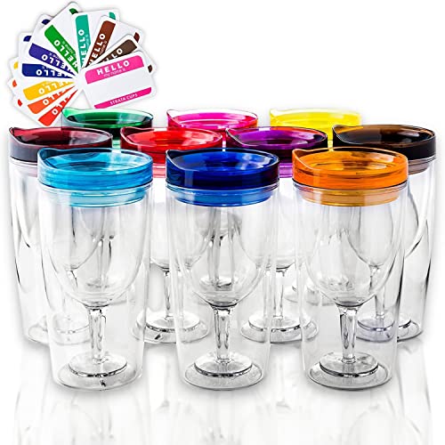 Isolierter Weinbecher mit Deckel (10 Stück) + Bonus-Aufkleber | Outdoor Acryl-Kunststoff Weingläser 284 ml Becher in 10 Farben – Erwachsene Schnabelflasche unzerbrechliches Weinglas ohne Stiel von STRATA CUPS