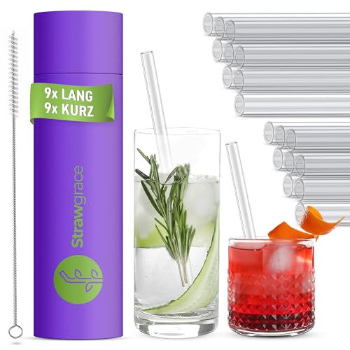 STRAWGRACE Glasstrohhalme - Strohhalme Glas Wiederverwendbar - Glasstrohhalme lang - Glasstrohhalme kurz - Glasstrohhalme Schwarz - Glass Straws - Trinkhalme Glas (9x 15cm + 9x 21,5cm) von STRAWGRACE