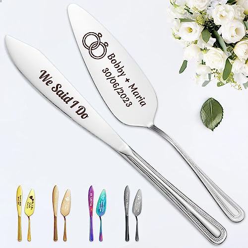 STREADVE Gravierte Hochzeitstorte Messer und Server Set Personalisierte Kuchen Schneiden Utensilien für Braut Bräutigam Custom Cutter Servieren Quinceanera Geburtstagsgeschenk, Silber von STREADVE