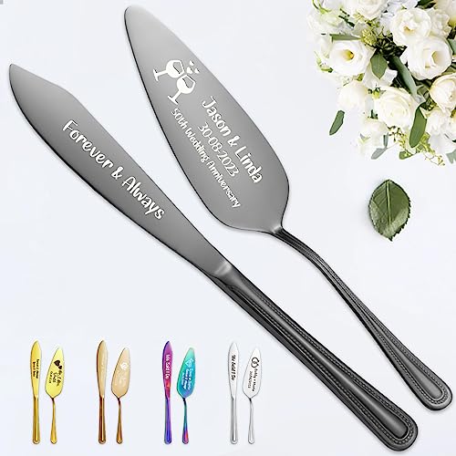STREADVE Graviertes Hochzeitstortenmesser und Tortenheber, personalisierbar, für Braut, Bräutigam, individueller Ausstecher, Servieren von Quinceanera, Geburtstagsgeschenk, Schwarz von STREADVE