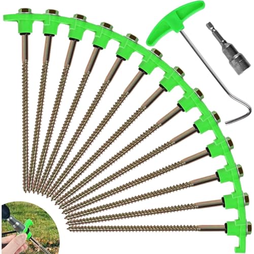 STREAMVOY 12 Stück robuste Metall-Heringe – drehbare Steinheringe mit Gewinde und Bohrer-Adapter und Nagelabzieher, rostfreie Stahlpfähle für harten Boden/Strand/Camping (grün) von STREAMVOY