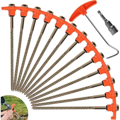 STREAMVOY 12 Stück robuste Metall-Heringe – drehbare Steinheringe mit Gewinde und Bohrer-Adapter und Nagelabzieher, rostfreie Stahlpfähle für harten Boden/Strand/Camping (orange) von STREAMVOY