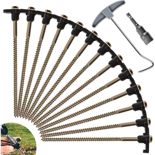 STREAMVOY 12 Stück robuste Metall-Heringe – drehbare Steinheringe mit Gewinde und Bohrer-Adapter und Nagelabzieher, rostfreie Stahlpfähle für harten Boden/Strand/Camping (schwarz) von STREAMVOY