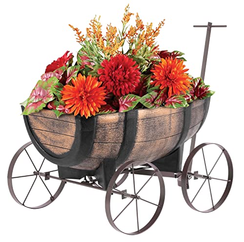 STREND PRO Blumenwagen Whiskyfass - Pflanzwagen auf rädern, Gartendeko Blumentopf Barel - realistischer Blumentopf Holzoptik - Blumentopf Planzschubkarre - Leiterwagen Holz, Bollerwagen Holz von STREND PRO