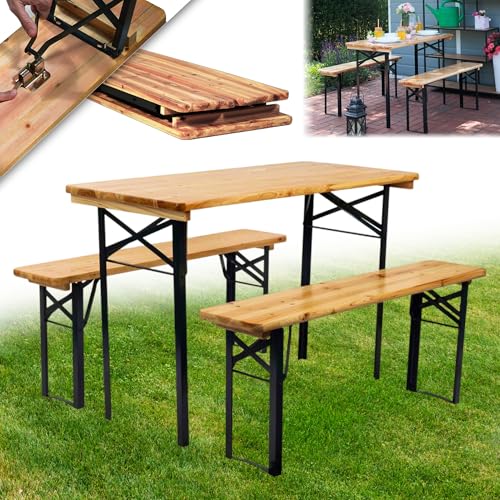 STREND PRO Bierzeltgarnitur MINI 3-teilig | KLAPPBARE Gartenmöbel Set - Holz und Metall - Biertischgarnitur für 4 Personen | Biertisch + 2 Bierbänken | Festzeltgarnitur, Sitzgarnitur, Bierbankgarnitur von STREND PRO