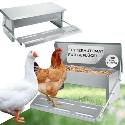 STREND PRO Futterautomat für Hühner - 5 kg | Hühnerfutter Automat aus Verzinkter Stahl | Hühnerfutterautomat mit Trittmechanismus | Futterspender für Geflügel | Trittklappen-Futterspender mit Deckel von STREND PRO