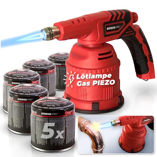 STREND PRO Lötlampe Gas 1300W mit PIEZO | mit 5 Gaskartuschen | Lötlampe mit Piezozündung für Butangas Kartusche | Gas Lampen zum Löten, Schweißen | Lötbrenner mit Piezozündung | Gasbrenner Klein von STREND PRO