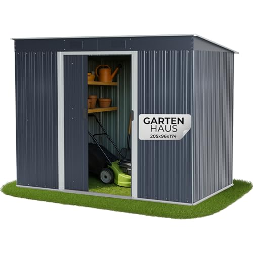 STREND PRO Metall Gartenhaus mit Unterbau, Anthrazit, 217 x 110 x 174 cm | Solide & Langlebig | Geräteschuppen mit 2 Schiebetüren | Garten gerätehause | Gartenlaube | Blechhütte | Fahrradgarage von STREND PRO