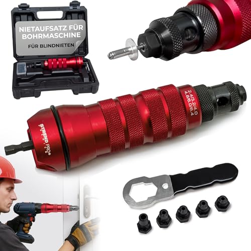 STREND PRO Premium Nietaufsatz für Bohrmaschine 1/4" | Blindnietadapter 2,4–6,4 mm | Aluminium/Stahl | Nietwerkzeug mit 6 Köpfen & Koffer | Profi-Nietenzange für Akkuschrauber & Bohrmaschinen von STREND PRO