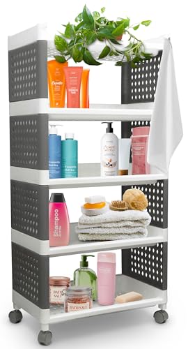 STREND PRO Rollwagen Badezimmer mit 5 Etagen | 97x49x29cm | Praktische Wagen mit Rollen Weiss/Grau | Küchenwagen auf Rollen für Küche, Bad | Kleines Regal, Kosmetikwagen mit Rollen | Badregal Klein von STREND PRO