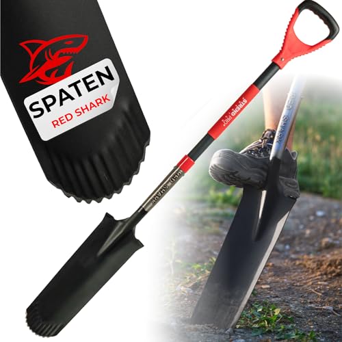 STREND PRO Spaten | Premium RedShark Gärtnerspaten | Drainagespaten mit Fiberglasstiel | D Spatenstiel | Schmal Spaten für Garten mit Stabiler Stahlkopf |für Harte, steinige Böden| Wurzelspaten von STREND PRO