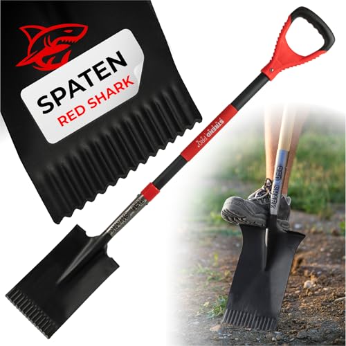 STREND PRO Spaten | Premium RedShark Gärtnerspaten | Eckige mit Fiberglasstiel | D Spatenstiel | Geradespaten für Garten mit Stabiler Stahlkopf |für Harte, steinige Böden|Wurzelspaten Gartenarbeit von STREND PRO