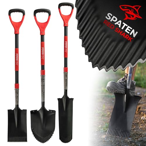 STREND PRO Spaten Set - 3 Verschiedene Gärtnerspaten | Premium RedShark Gartenspaten mit Fiberglasstiel | Drainagespaten, Spitzspaten, Eckige Spaten mit D Spatenstiel | mit Stabiler Stahlkopf von STREND PRO