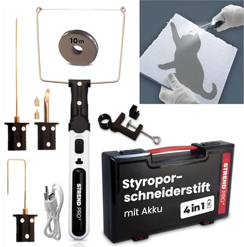 STREND PRO Styroporschneider heißdrahtschneider AKKU | 4-in1 Heißer Draht Styroporschneider 550°C für DIY-projekte | plastik koffer, USB-C, 10m Draht, messer adapters | Styropor schneider von STREND PRO