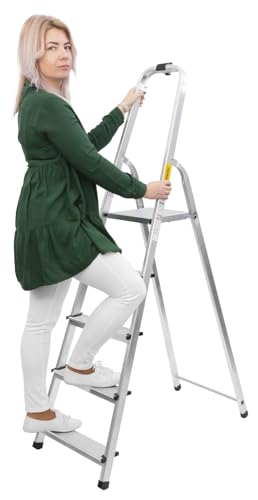 STREND PRO Trittleiter 5 Stufen Klappbar | max.125kg | Haushaltsleiter 5 Stufen | Stehleiter Alu für Arbeiten in Küche/Haushalt/Garage/Renovierung | Leiter 1,68m/2,97m | Aluleiter von STREND PRO