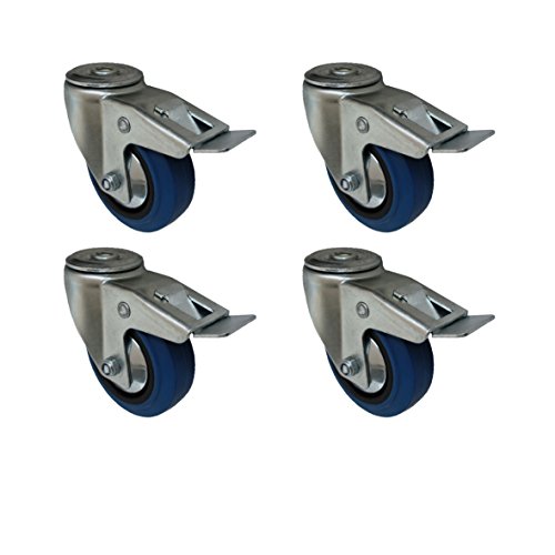 4 Stück 100 mm Blue Wheels Elastik Rad Rolle als Lenkrolle mit Totalstop Rückenlochbefestigung von STRICKER-ROLLEN