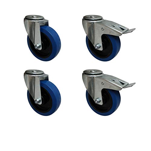 Set 160 mm Blue Wheels Elastik Rad Rolle 2x als Lenkrolle + 2x als Lenkrolle mit Totalstop Rückenlochbefestigung von STRICKER-ROLLEN