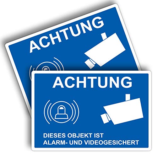 2 Stück Achtung dieses Objekt ist Alarm und Videogesicht Schild 20 x 30 cm aus stabiler PVC Hartschaumplatte 3mm dieser Bereich wird videoüberwacht mit UV-Schutz von STROBO von STROBO