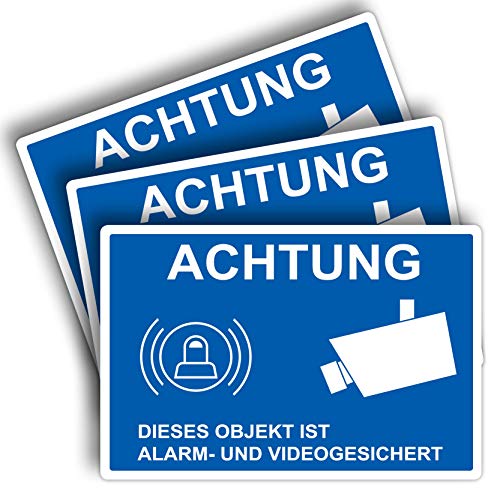 3 Stück Achtung dieses Objekt ist Alarm und Videogesicht Schild 20 x 30 cm aus stabiler PVC Hartschaumplatte 3mm dieser Bereich wird videoüberwacht mit UV-Schutz von STROBO von STROBO