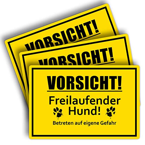 3 Stück Vorsicht! freilaufender Hund Schild 20 x 30 cm aus stabiler PVC Hartschaumplatte 3mm Achtung vor dem Hund Schild mit UV-Schutz von STROBO von STROBO