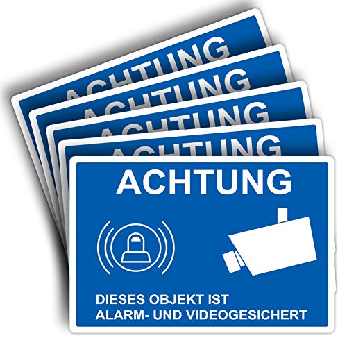 5 Stück Achtung dieses Objekt ist Alarm und Videogesicht Schild 20 x 30 cm aus stabiler PVC Hartschaumplatte 3mm dieser Bereich wird videoüberwacht mit UV-Schutz von STROBO von STROBO