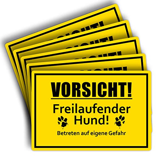 5 Stück Vorsicht! freilaufender Hund Schild 20 x 30 cm aus stabiler PVC Hartschaumplatte 3mm Achtung vor dem Hund Schild mit UV-Schutz von STROBO von STROBO